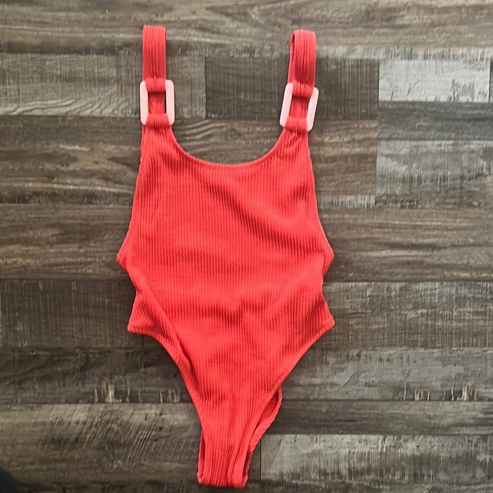 Aerie XXS Red Ribbed Swimsuit with Pink Buckles